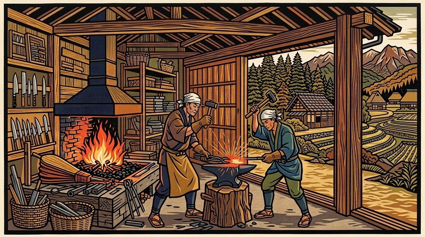 Illustration of a knife-making workshop in Echizen