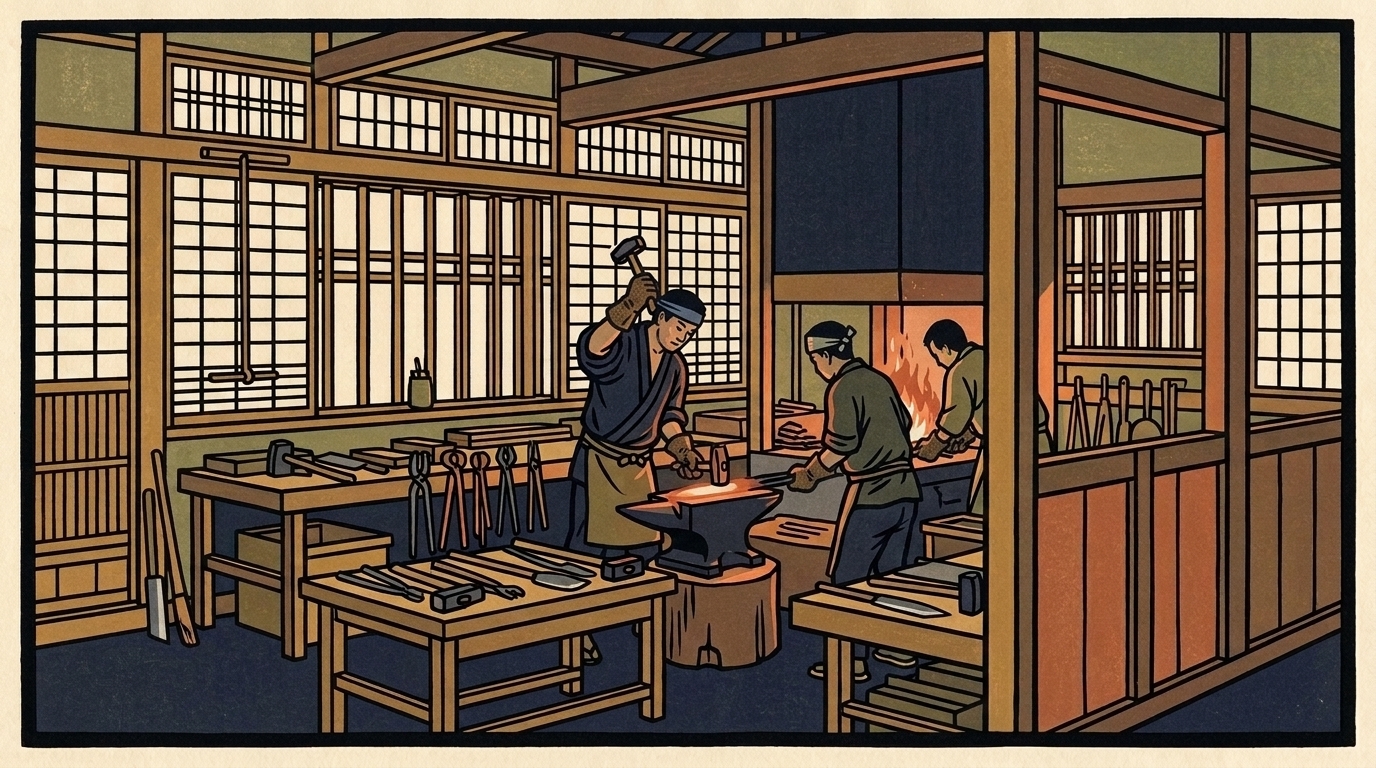Illustration of a knife-making workshop in Sakai
