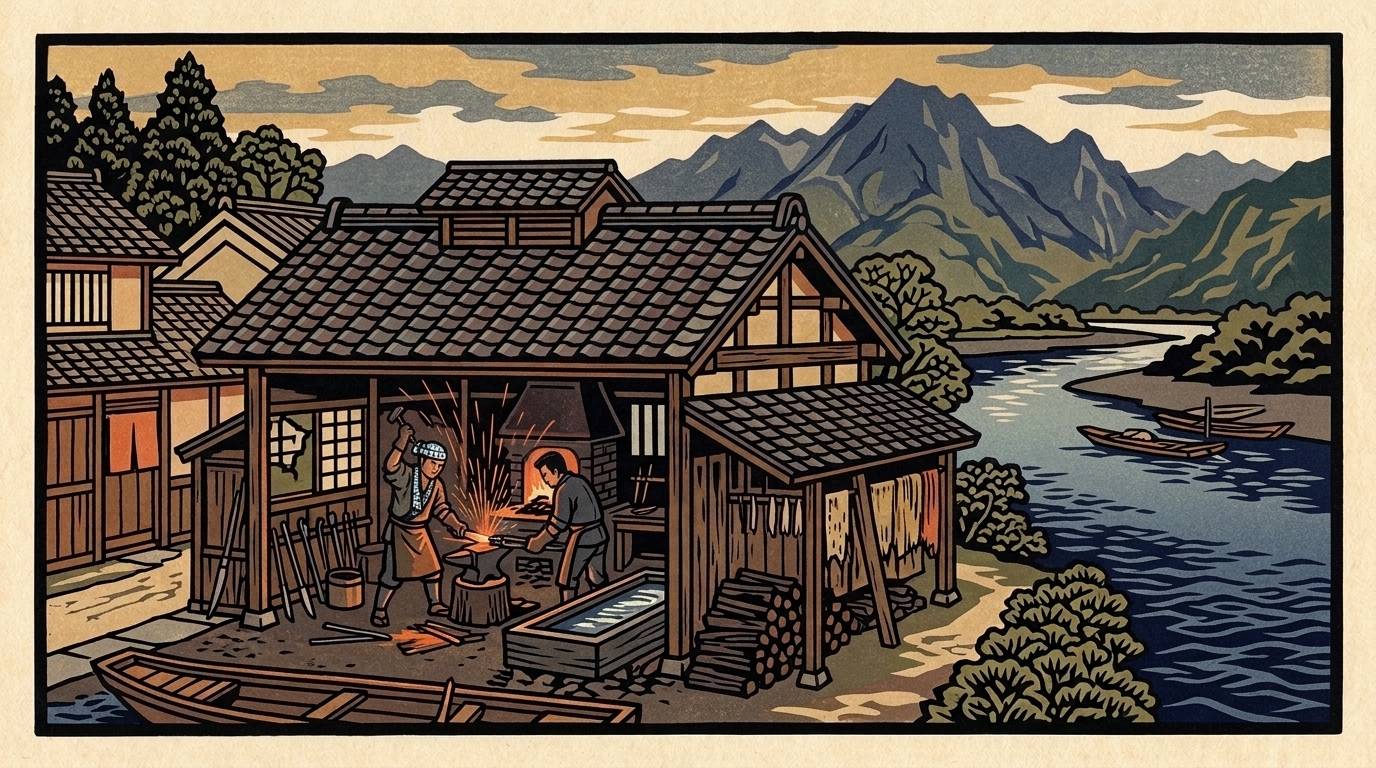 Illustration of a knife-making workshop in Seki