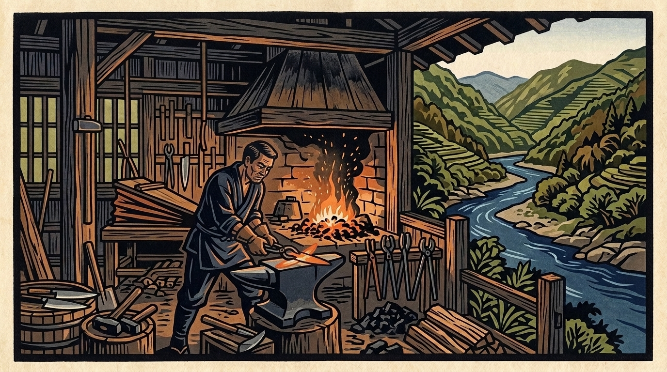 Illustration of a knife-making workshop in Tosa