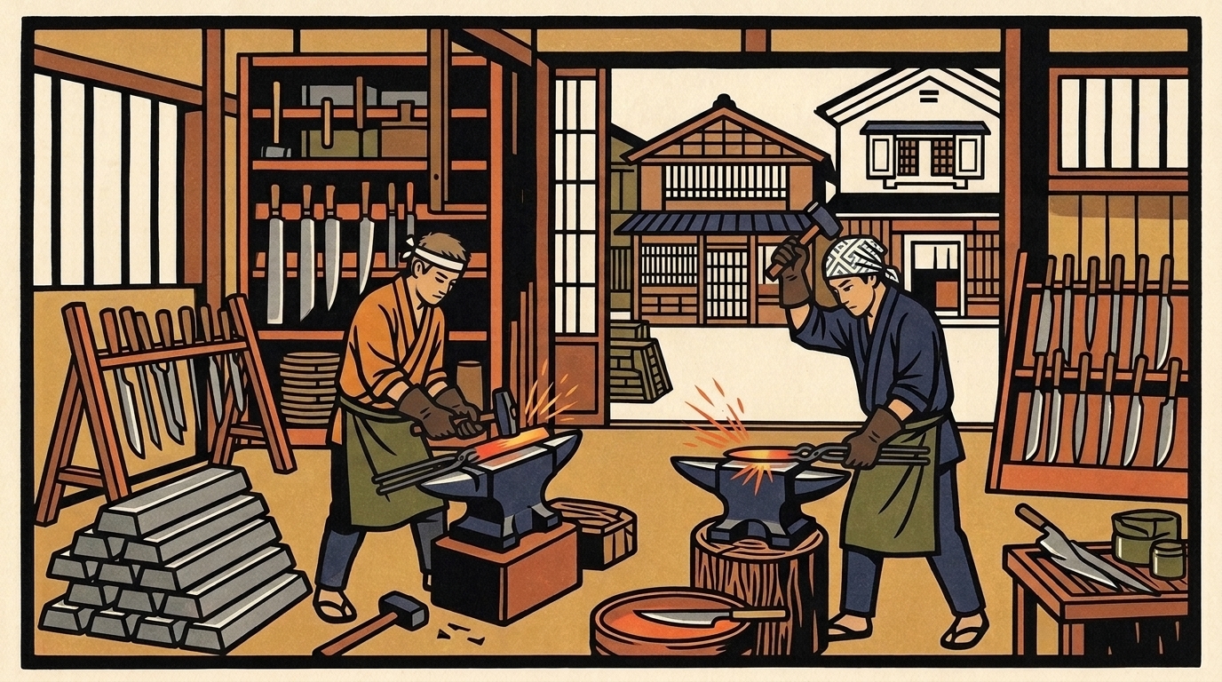 Illustration of a knife-making workshop in Tsubame-Sanjo