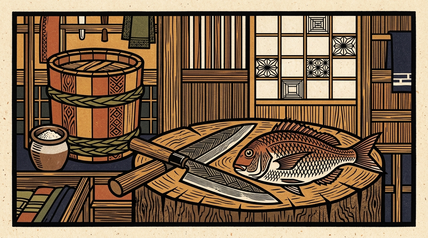 Deba (Fish Filleting) culinary scene woodblock illustration