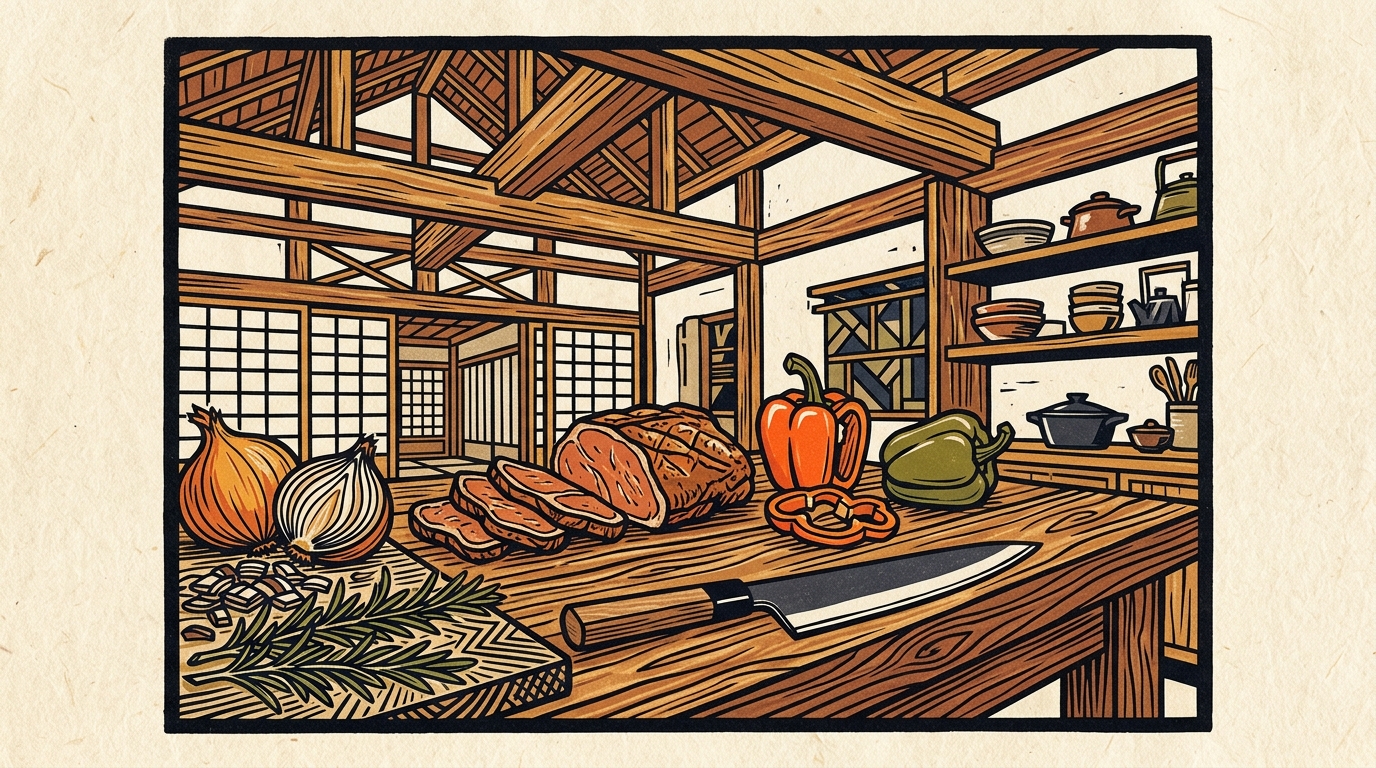 Gyuto (Chef's Knife) culinary scene woodblock illustration