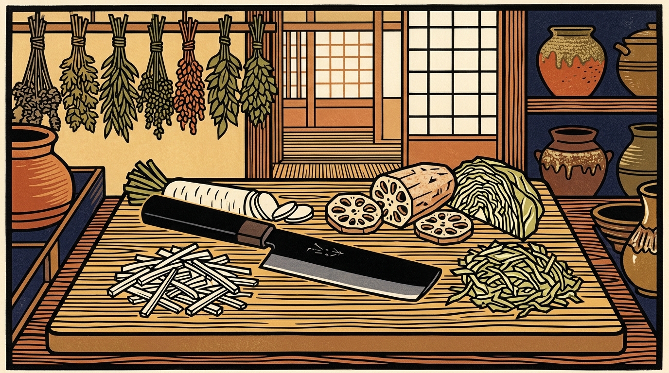 Nakiri (Vegetable Chopper) culinary scene woodblock illustration