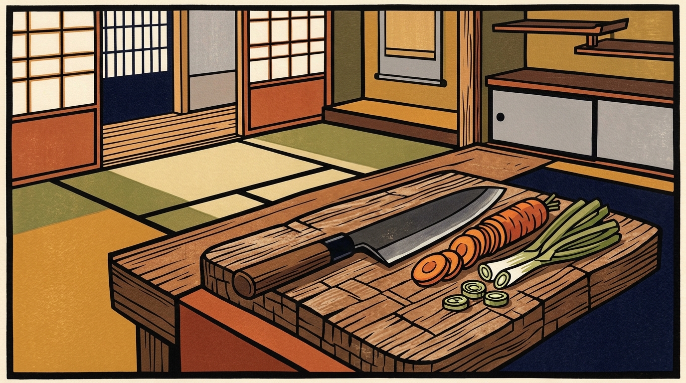 Santoku (All-Purpose) culinary scene woodblock illustration
