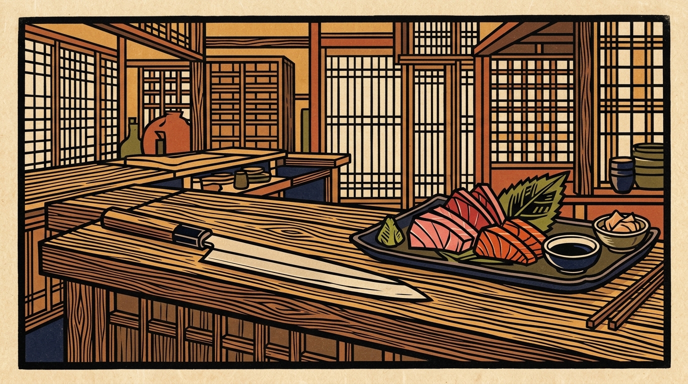 Yanagiba (Sashimi Slicer) culinary scene woodblock illustration